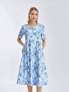 Vestidos casuais feminino cintura império midi vestido de verão verão boho praia gola redonda manga longa vestido com bolsos