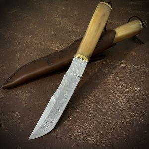 Promotion C7149 Outdoor Survival Straight Knife Damascus Steel Tanto Point Blade Camel Bone Handle Fixed Blade Knives with Leather Sheath
