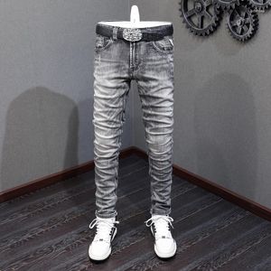 Jeans da uomo Ly Designer Moda Uomo Alta qualità Retro Grigio scuro Elastico Slim Fit Strappato Vintage Pantaloni casual in denim Homme
