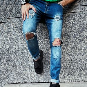 Jeans masculino calça casual rasgada com corte podre calça jeans buraco joelho fino pés pequenos elástico 230718