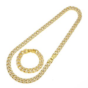 Erkekler Hip Hop Bling Takı Seti 24K Altın Kaplama Full CZ Miami Küba Bağlantı Kolye Bilezik Buzlu Zincirler 76cm 21cm