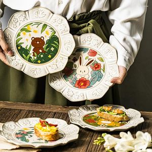 Plates 8.4inch Ceramic Dinner Plate Vintage Floral Cake Dessert Dishes Snack Household Dinnerware For Coffee Shop