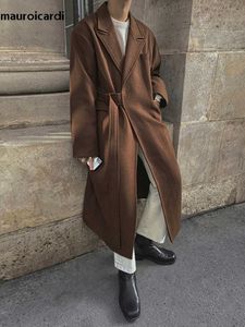 Herr ull blandar Mauroicardi Autumn Winter Long Brun Black Thick Warm Moft Wool Blends Wrap Coat Män Loose Casual Stylish Korean Fashion 2023 HKD230718