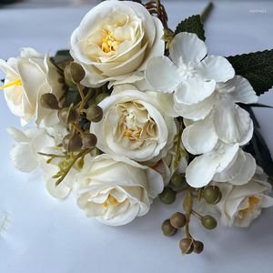 Dekorativa blommor faller 6 huvuden rose konstgjord siden torkad växt brud bukett bröllop bord hög kvalitet falsk hemfest vas dekoration