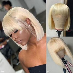 Ishow Brazilian 613 Blonde Colored Short Bob Wigs Straight Human Hair Wigs with Bangs Indian Hair Peruvian None Lace Wigs for Blac244e