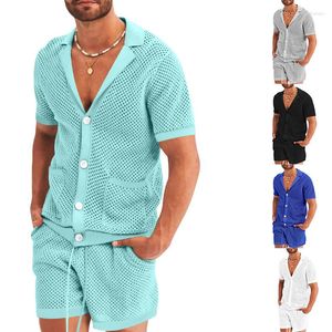 Men's Tracksuits Summer Set Mesh Knitted Casual Sports Polo T-shirt Short Sleeve Shorts 2 Piece