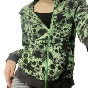 여자 후드 땀 셔츠 Xingqing Skull Sweatshirt 녹색 그래픽 긴 슬리브 후드 탑 포켓 Y2K 미학적 후 까마귀 여자 2000 년대 고딕 펑크 공동 J230718