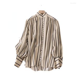 Bluzki damskie zepsute piękno Wysokiej jakości koreański jedwabny jedwabny vintage Lantern Long Rleeve Loose Stripe Shirt Damskie top