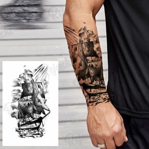 Black Pirate Ship Temporary Tattoos For Men Adults Realistic Scary Vampire Knight Wolf Fake Tattoo Sticker Arm Body Tatoos DIY