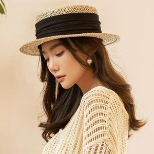 Geniş Memlu Şapkalar Kadın Yaz Sepet Şapkası Düz ​​Üst Deniz Çim Şerit Band Kovater Hafif Panama Sun