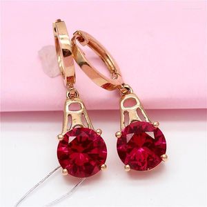 Dangle Earrings 585 Purple Gold Plated 14K Rose Inlaid Ruby Drop For Women Romantic Charm Exquisite Wedding Jewelry Girlfriend