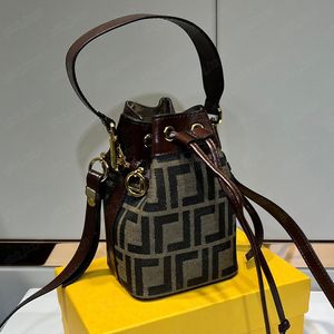 Women Bucket Bag Brown Leather Mini Buckets Bags With Drawstring And Metal Embellished In Black Hand-painted Raised Pattern F 2307182BF