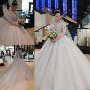 Luxurious Muslim Ball Gown Wedding Dresses Jewel Neck Lace Appliques Beads Sequins Long Sleeves Cathedral Train Arabic Formal Brid261G