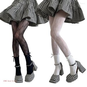 Women Socks Womens Thin Fishnet Tights Cute Ruffle Bowknot Patterned Lace Pantyhose