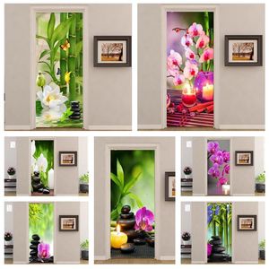 Wall Stickers 3D Door Sticker Green Bamboo Phalaenopsis Wallpaper For Bathroom Washroom Decoration Decal Peel Stick Vinyl Mural Poster 230717