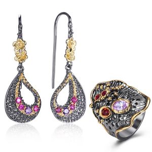 Purple Fuchsia Crystal Earrings Ring Jewellery Set Leaf Dangle Earrings Pretty 2pcs Jewelry Sets for Women Birthday gifts225d