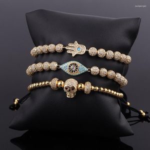 Strand Design Luxus Herrenschmuck Vergoldet CZ Pave SkullHandEye Charm Perlen Verstellbares Armband Set Männlich