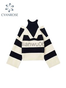 Women's Sweaters Women Sweaters Striped Fake Two Pieces Off Shoulder Slash neck Pullovers Womens Trendy 2022 Autumn Winter New Chic Knitwear Tops J230718