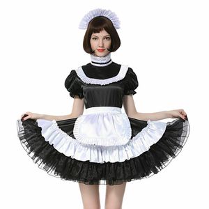 Sissy French Maid Låsbar svart satinklänning Kostym Crossdress Pleated Style249r