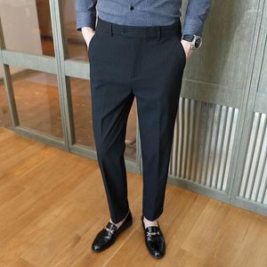 Ternos masculinos primavera outono calças de negócios de marca de alta qualidade listras lisas casuais retas completas calças formais de escritório masculino P257
