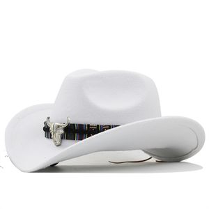 Szerokie brzegowe czapki wiadra prosta biała kobietę męska kowbojska kapelusz dla dżentelmena Lady Jazz Cowgirl z skórzanym Kościołem Cloche Sombrero Caps 230717