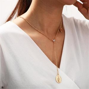 Anhänger Halsketten Mode Porträt der Jungfrau Maria Gold Farbe Lange Kette Oval Münze Halskette Für Frauen Weibliche Vintage Einfache Choker schmuck