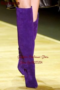 Buty Surkova Purple Turquoise zamszowe Chunky Obcase Loke Block Obcina nad kolanami Buty Seksowne obuwie klubu nocnego