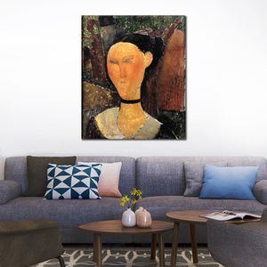 Amedeo Modigliani Figur, Leinwandkunst, handgefertigt, Frau mit Samtband, Ölgemälde für Wohnungsdekoration, modern