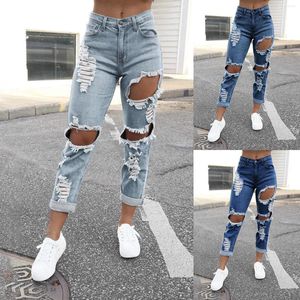 Kvinnors jeans flickor smala passform rak fat perforerade gatumode denim byxor