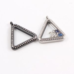 Pendant Necklaces 6pcs/lot Wholesale Triangle 316L Stainless Steel Floating Locket With Rhinestones 2 Colors For Choosing Silver/ Black