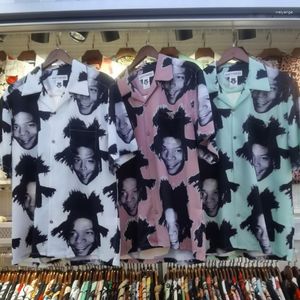 Camisas casuais masculinas wacko maria retrato de alta qualidade retrato completo impressão completa cardigã de mangas curtas camisa havaiana de grandes dimensões para homens mulheres