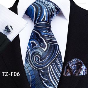 Bow Ties 3st Silk Tie Pocket Squares Cufflink Set Dark Blue Floral Jacquard Handdukslipsar Män passar bröllopskläder Tillbehör