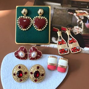 Stud Earrings Retro Classic Chinese Red Series Enamel Ruby Drill Love Pearl