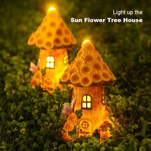 Decorações de jardim artesanato em miniatura casa movida a energia solar luz led fada passarela ao ar livre flor de sol resina casa de campo lâmpada de natal decoração 230717