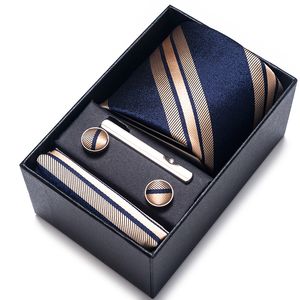 Bolo Ties 100% Silk Brand Tie Handkerchief Cufflink Set For Men Necktie Holiday Gift Box Blue Gold Suit Accessories Slim Wedding Gravatas 230717