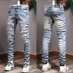 Color Rip Jeans Man Biker Jeans Slim Fitness Fade Washed Denim Pants247z