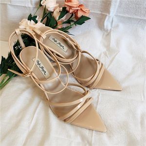 Women Sandals 2024 캐주얼 패션 디자이너 누드 가죽 가죽 끈 끈적 인 발목 랩 하이힐 신발 5