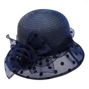 Cappelli a tesa larga 2023 Cappello da sole elegante da donna con fiore in maglia Cappello da sole da donna per matrimonio da tè Cappellino da viaggio estivo all'aperto Sombrero in paglia intrecciata da spiaggia