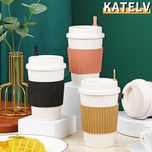 Coffee Pots Fashion Simplicity Reusable Cup With Lids Wheat Straw Portable Eco Friendly Mug Tea Espresso