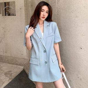 Kadın Suits Mavi Gevşek Blazer Kadınlar için 2023 Yaz İnce Kısa Kollu Takım Emlak Bayanlar Moda Bowknot Yıldız Zinciri Şık Zarif Ceket