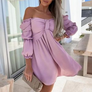 Casual Dresses Women Mini Dress Off Shoulder Loose Hem High midje Bubble Hyls A-Line Solid Color Soft Pleated Lady Beach Prom