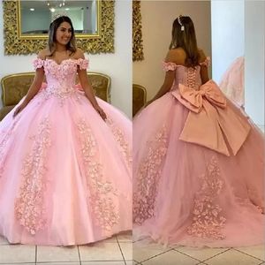 Pink Quinceanera Dresses Beaded with 3D Lace Floral Applique Tulle 2023 Ball Gown Straps Bow Sweet 16 Birthday Party Prom Formal Occasion Evening Wear Vestidos