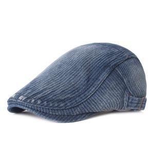 Autumn Winter Fleece-lined Peaked Cap Men's Denim Beret Washed Distressed Flat Newsboy Hats Youth Painter Hat Gorras