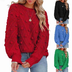 Kvinnors tröjor Kvinnors tröja 2022 Autumn Winter New Solid Color Crew Neck Pullovers Hairball Cable Casual Loose Sticking Ladies Tops Streetwear L230718