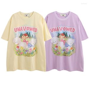 メンズTシャツ短袖のTシャツと女性の同じ純粋な綿の漫画塗装ラムプリントルーズトップライトアプリコットカラープルプルスマー