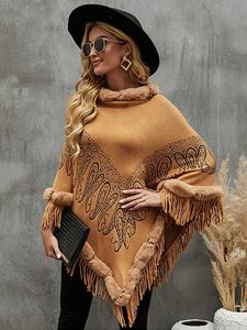 Maglioni da donna Fitshinling Pelliccia Sciarpa Colletto Poncho invernale Femme Bohemian Irregolare Maglione lavorato a maglia oversize Mantello lungo peloso peloso Nuovo L230718