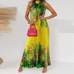 Basic Casual Dresses Sexy Loose Summer Halter Pleated Maxi Dress Women Fashion Sleeveless Print Boho Dress Elegant Simple Holiday Party Dress Vestido 230717