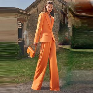 Women's Two Piece Pants Fashion Women Set 2023 Orange Female Metal Ring Decoration Blazer Trouser Suit Lady Business Party Formal Pant