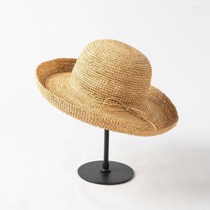 Wide Brim Hats Leisure Lanyard Handmade Crochet Domed Curly Raffi Straw Hat Outdoor Sun Visor Female