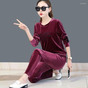 Fatos de Treino Feminino Carta Feminina Moda Feminina Solta Conjunto de Duas Peças Veludo Dourado Casual Gola careca Cobertura Moda Esportiva Primavera Outono Coreano 2023